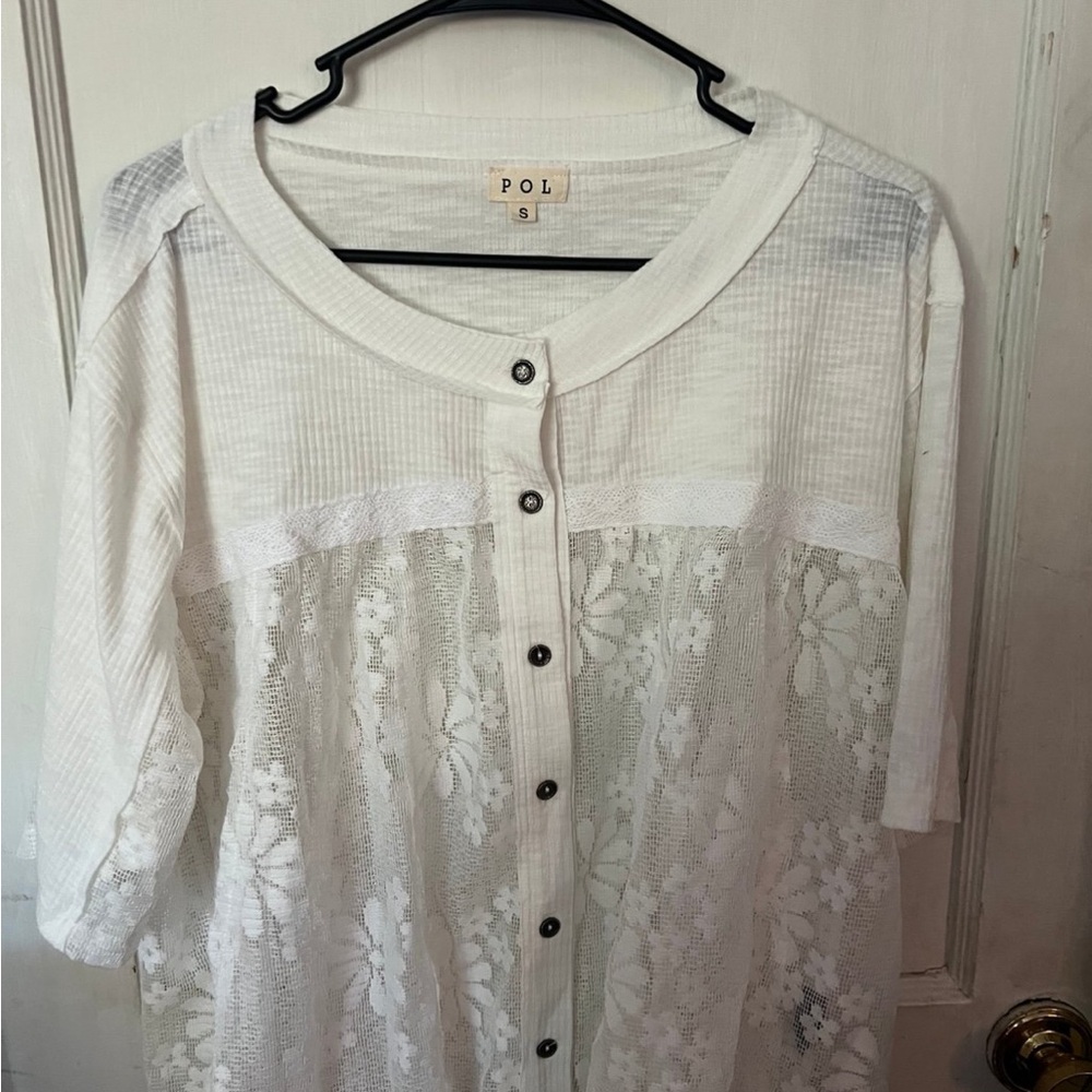 POL Women's White Lace Button-Up Top
